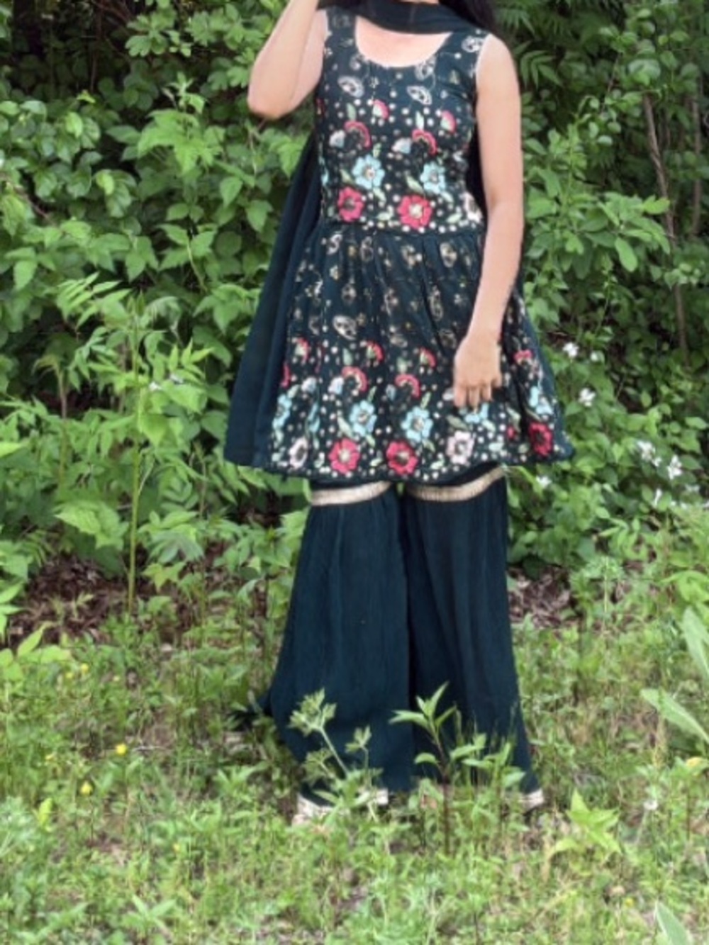 Ethnic Indian Wear Dark Green Floral Kurta with Sharara and Dupatta